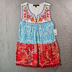 NWT Calessa Sleeveless Top Blouse Small Colorful‎ Floral Embroidered Fringe